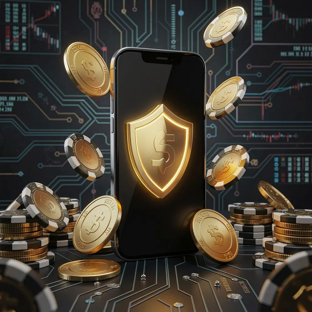 SR 93 secure mobile casino app concept showing a smartphone with a glowing shield icon surrounded by golden coins and chips against a dark luxury cyber background in a realistic 3D render