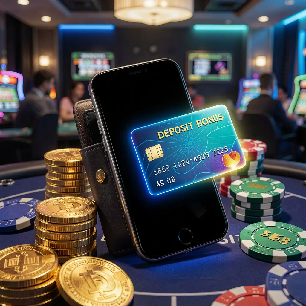 SR 93 deposit bonus concept featuring a smartphone wallet with a glowing payment card, surrounded by golden coins and poker chips in a modern mobile casino style