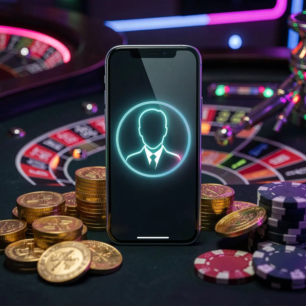 SR 93 online casino login hero image featuring a modern phone with a glowing profile icon, roulette lights in the background, golden coins and poker chips in a premium dark neon atmosphere