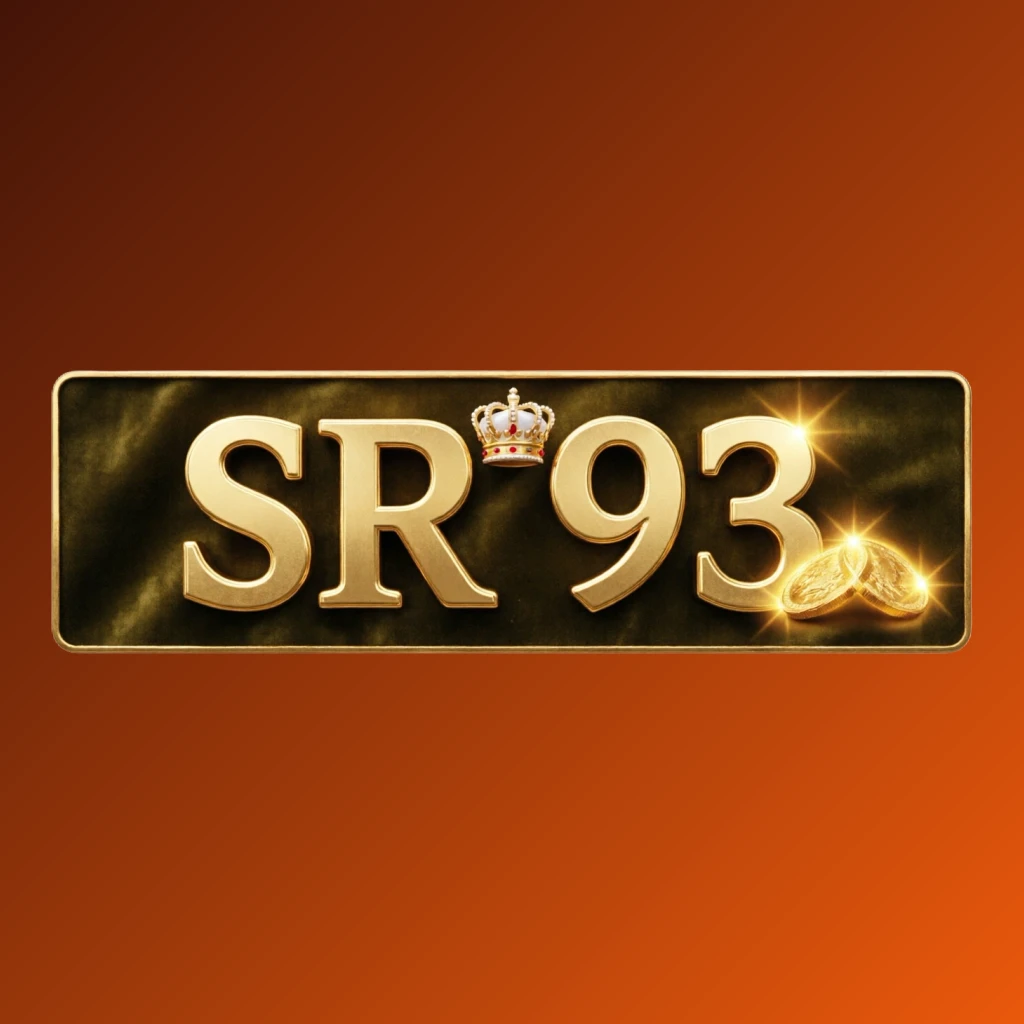 SR 93 casino-style logo featuring golden letters with a crown element and sparkling coins, set in a luxury gaming atmosphere on a transparent background, designed as a horizontal rectangular wordmark for a website header