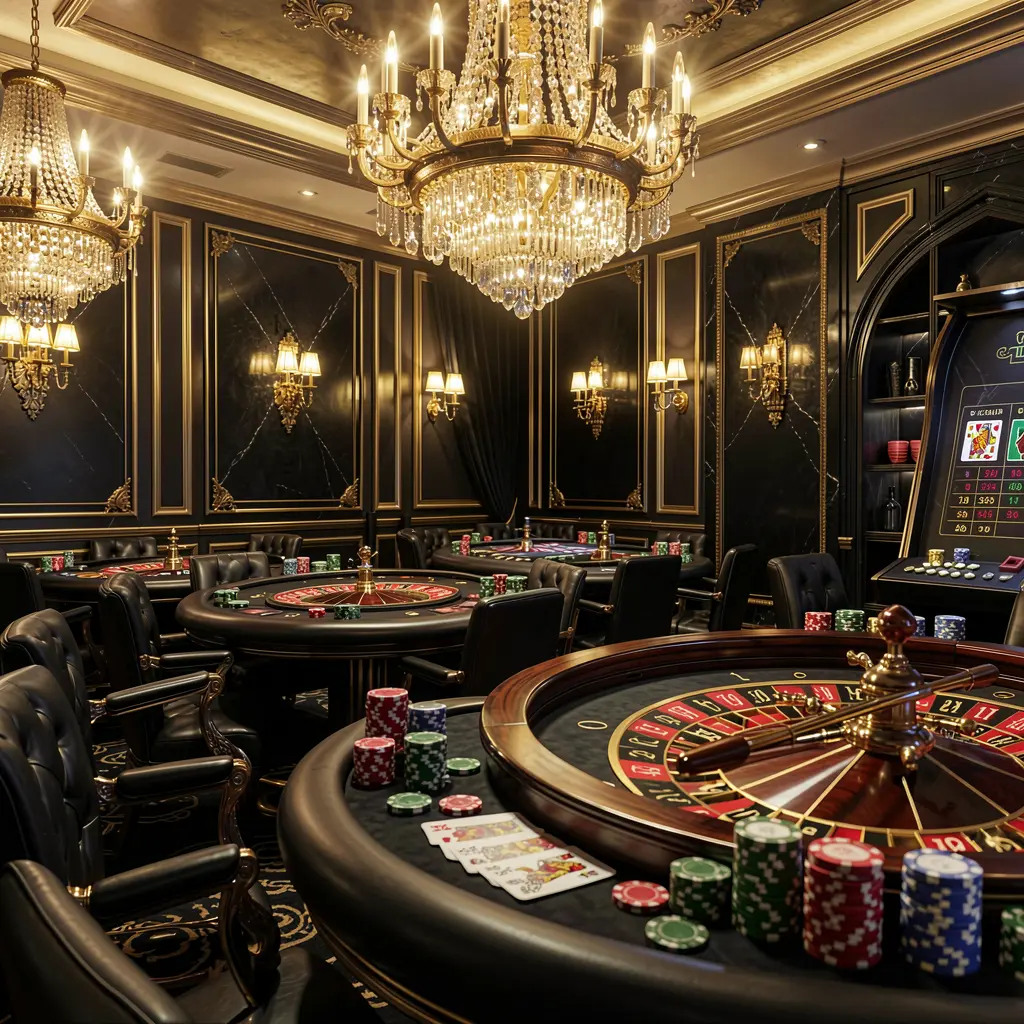 SR 93 luxury online casino lobby with glowing roulette tables, golden lights, poker chips, and cards in a premium black and gold design